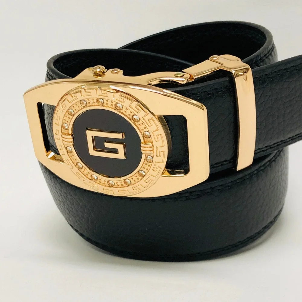 Designer Belt, Gold Buckle,‎ Ratchet Automatic Buckle, Black Leather Belt